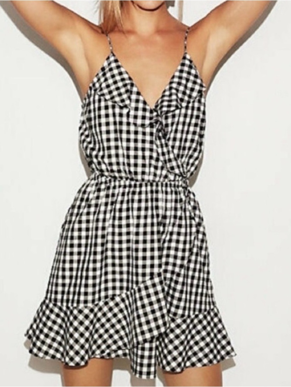 Express Black and White Gingham Ruffle Dress, Size Large